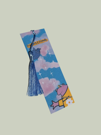Bookmark with pink cartoon frog on a grey background
